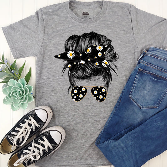 messy bun with daisies  -DTF