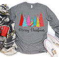 Merry Christmas trees pink green border around trees-DTF