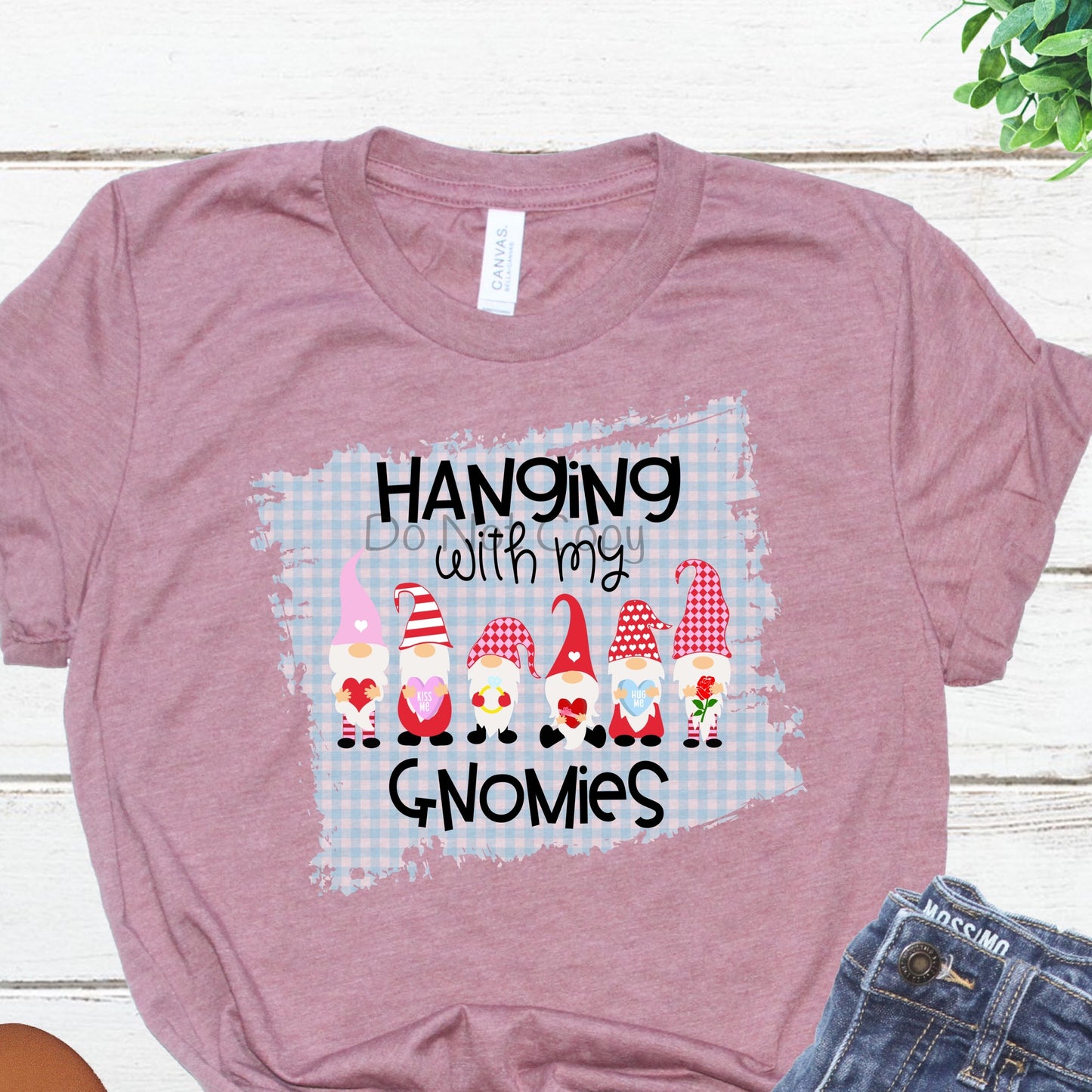 Hanging with gnomes blue white check background-DTF