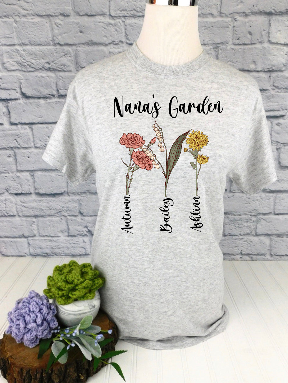 Custom Name Garden with birth month flowers - great for Mother’s Day - DTF